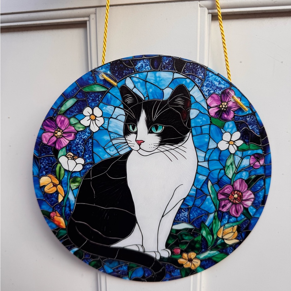 Stained Glass Tuxedo Cat Wall Art